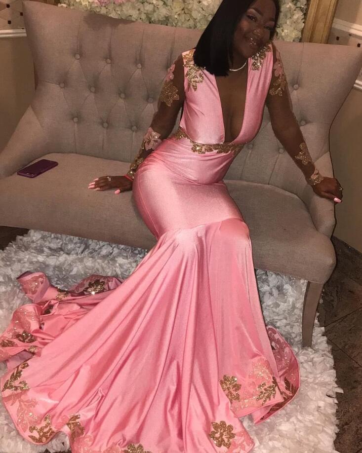 Hot Pink Long Sleeve Prom Formal Dresses For Black Girl Gillter Applique Floral V-neck Mermaid Reception Evening Gowns