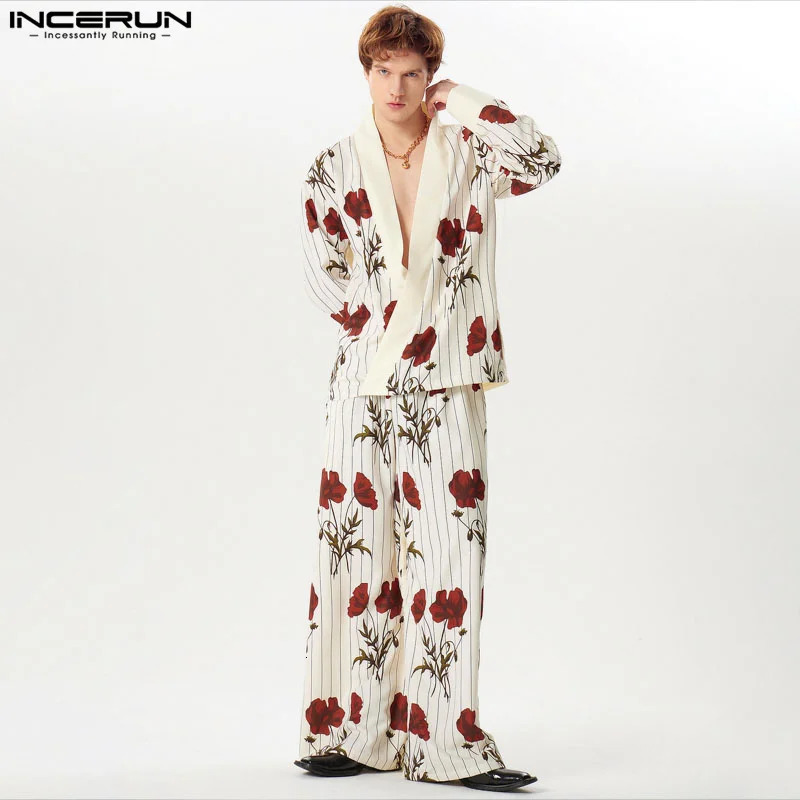 2024 Men Sets Flower Printing Loose V Neck Long Sleeve Shirt Wide Leg Pants 2PCS Streetwear Fashion Mens Casual Suits INCERUN 240617