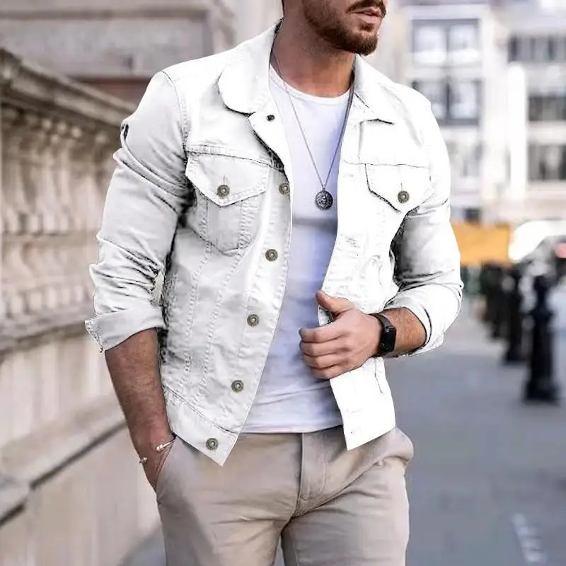 Mens Spring And Autumn Casual Slim-fit Denim Jacket Multi-pocket Inlaid Decorative Buttons Plain Plate Cargo Coat Solid Color 240617