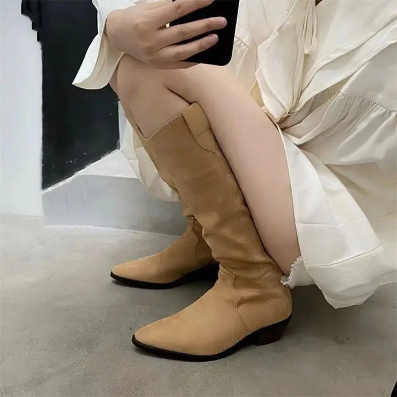 Footwear Cowboy Ladies Boots Winter Knee High Shaft Shoes for Women Western Long Denim Pointed Toe Punk Cowgirl Waterproof Work 240618