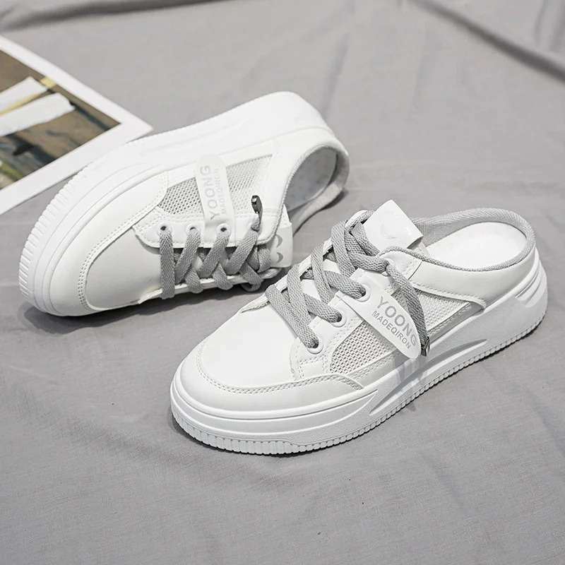 Women Shoes Canvas Tenis Casual Half Slippers Flats Female White Mules Backless Sneakers Mesh Breathable Fashion Loafers 240618