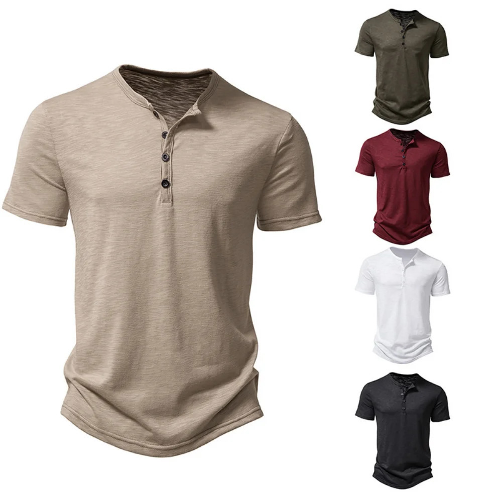 Henley Collar Summer Men Casual Solid Color Short Sleeve T Shirt for Men Polo men High QualityMens T Shirts 240618