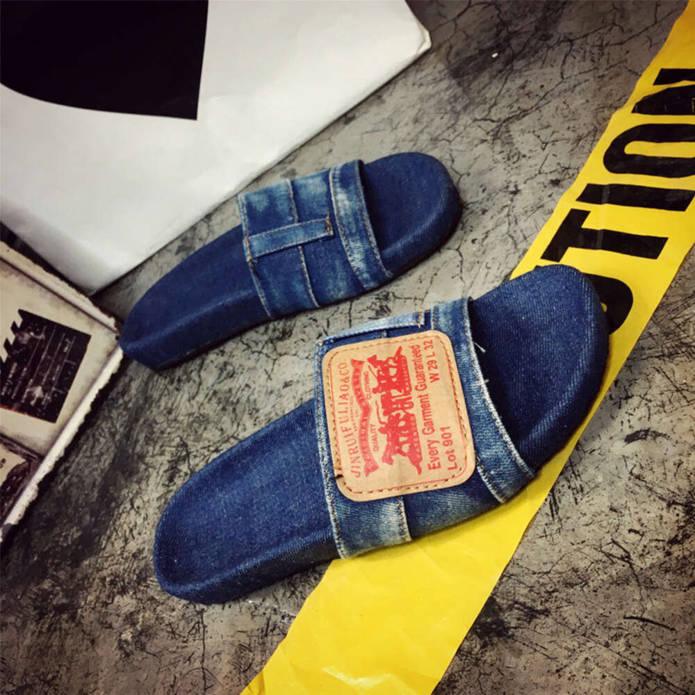 Denim Flat-soled Summer New Shoes One-figure Fashion Wear Sandals Canvas Jeans Slippers Women