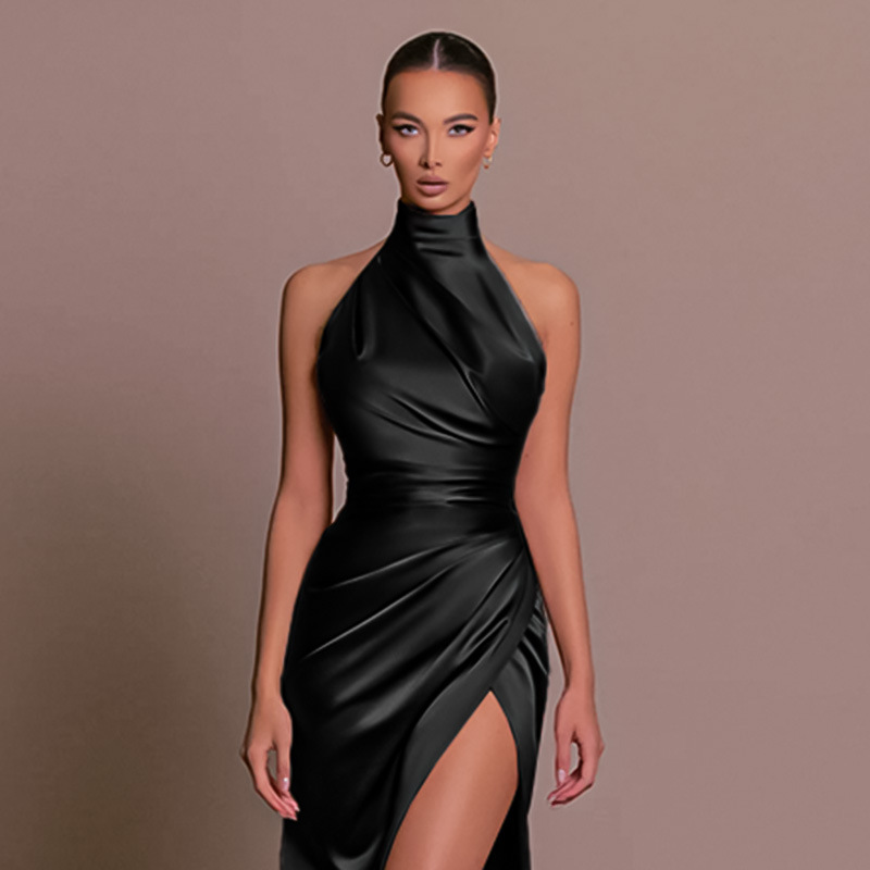 Casual Dresses Woman Sexy Satin Swing Neck Dress Fashion Solid Backless Bodycon Maxi 2023 Elegant Ladies Party Club Wrap Hips Vestidos