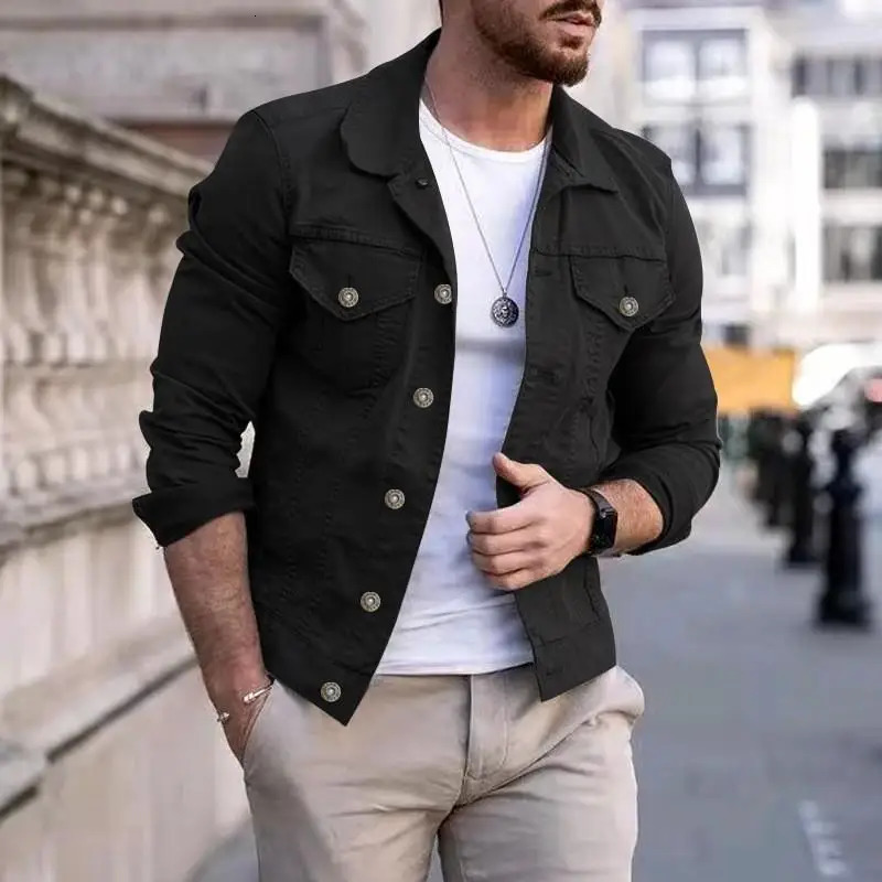 Mens Spring And Autumn Casual Slim-fit Denim Jacket Multi-pocket Inlaid Decorative Buttons Plain Plate Cargo Coat Solid Color 240617