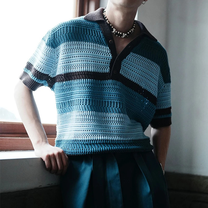 Streetwear Mens Knit Polo Shirts 2024 Summer Fashion Patchwork Hollow Out Knitted Tops For Men Short Sleeve Breathable Polos 240617