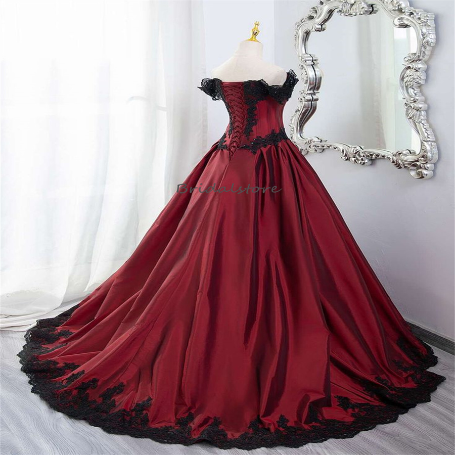 Medieval 1980s Gothic Wedding Dresses Red With Black A Line Off Shoulders Lace Country Bridal Dress Tie Corset Aesthetic Bride vestidos de boda para c