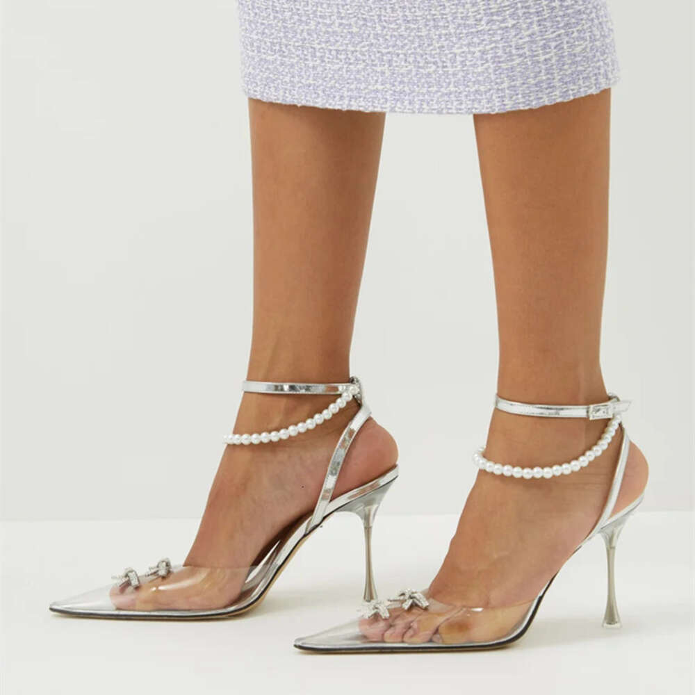 Pearls Crystal Bowknot Women Pumps Fashion Transparent PVC Slingbacks High Heels Elegant Pointed Toe Summer Party Shoes