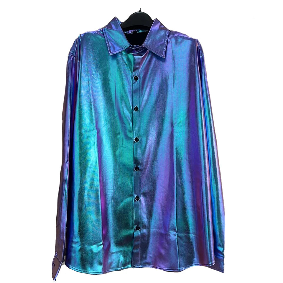 Mens Fashion Laser Shiny Shirts Casual Baggy Single Breasted Long Sleeve Solid Color Normal Shirt Tops Clothing 240615