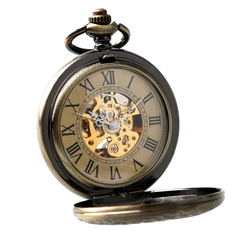 Antique Brozne Transparent Gear Skeleton Mechanical Automatic Self-wind Pocket Watch Retro Pendant Fob Watches Relogio De Bolso 240617