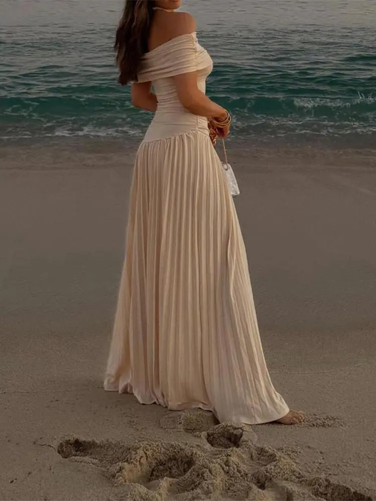 Sexy Off Shoulder Slash Neck Pleated Dress Women Fashion Slim Sleeveless Vestido 2024 Summer Chic Elegant Female Evening Dresses 240617