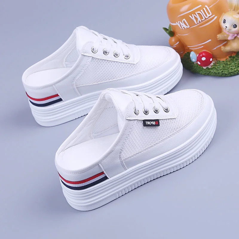 New Half Slippers Women Mesh Mules Summer Inner Heightening Outdoor Breathable Casual Shoes White Platform Slip On Sneakers 240618