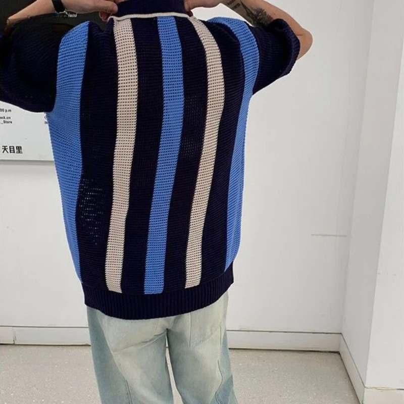 Spring Summer Breathable Hollow Vertical Stripe Color-blocked Knitted Polo Shirt Men Loose Casual High Street Personality Tops 240617