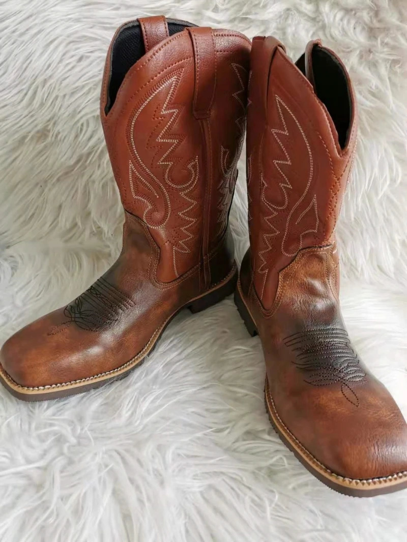 Cowboy Boots Brown Faux Leather Shoes Retro Men Embroidered Western Big Size 47 48 Ethnic Motorcycle Women 240617