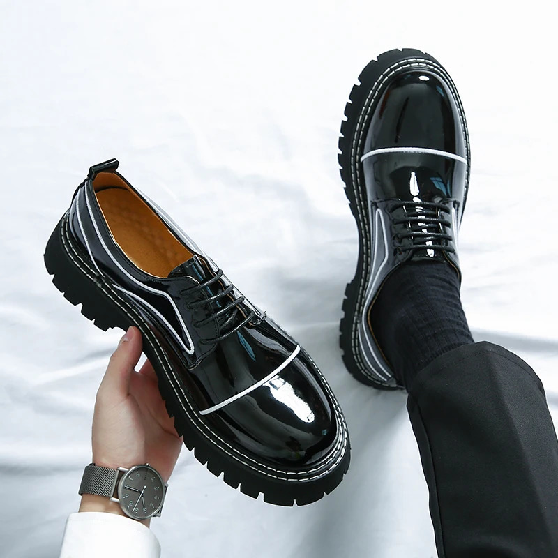 Mens Black Formal Shoes Lace Up Artificial Patent Leather Business Shoes With Thick Sole 240618