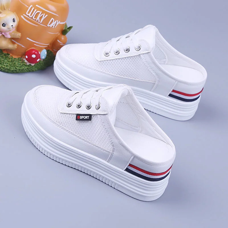 New Half Slippers Women Mesh Mules Summer Inner Heightening Outdoor Breathable Casual Shoes White Platform Slip On Sneakers 240618