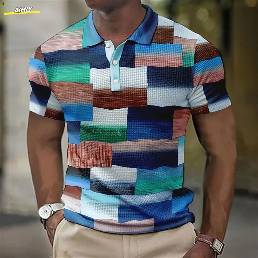 Mens Waffle Lapel Polo Button Up Polos Golf Shirt Plaid Check Graphic Prints Geometry Outdoor Street 240617 Free shipping Free shippi