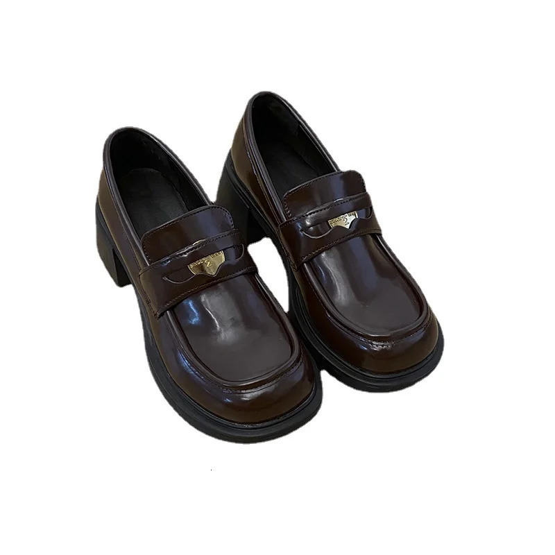 Black Autumn Womens Loafers Spring Brown Chunky High-heeled British Pu Leather Dress Party Wedding Shoes Woman Pumps 240
