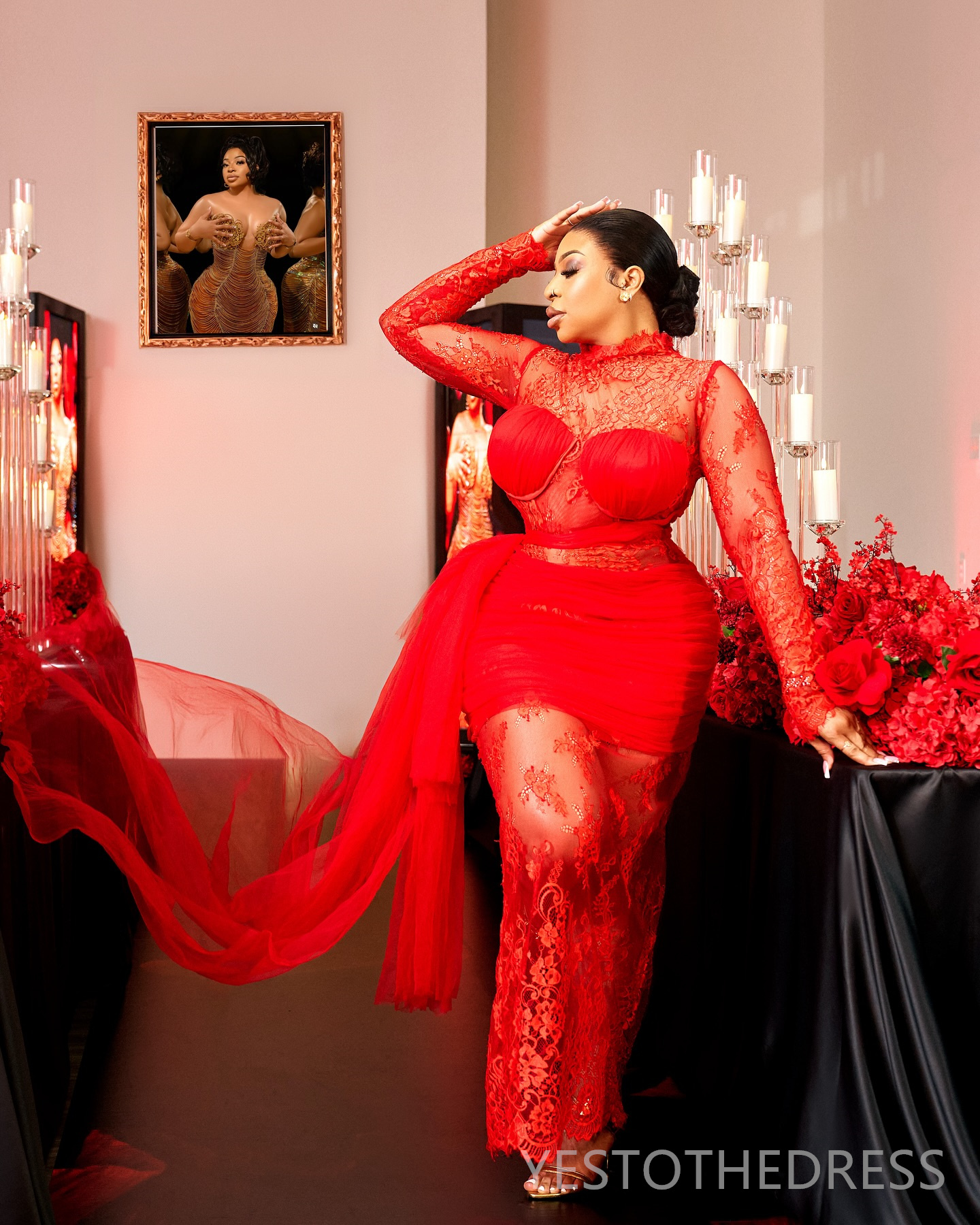 2024 Red Plus Size Prom Dresses for Black Women Mermaid High Neck Long Sleeves Illusion Evening Dress Elegant Promdress Birthday Dress Second Receptio