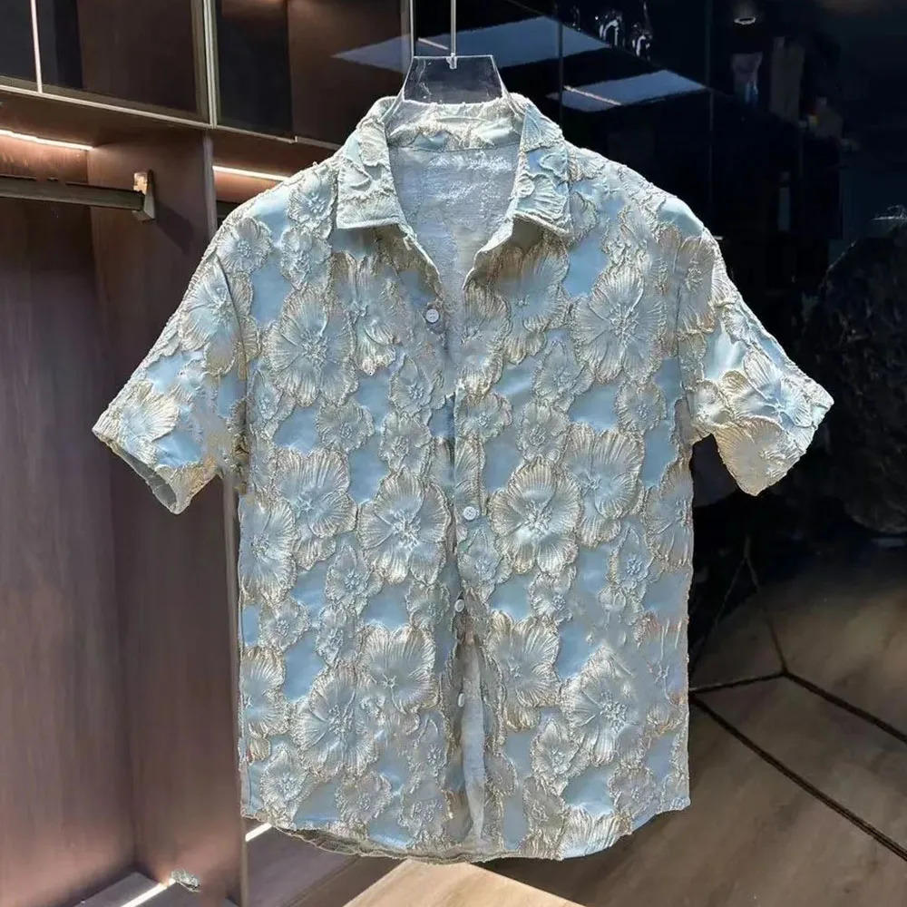 Ethnic Style Emed Bronzing Flower Short-sleeved Shorts Two-piece Set Mens Summer Handsome Loose Black Gold Shirt Suit 240617 Free shipping