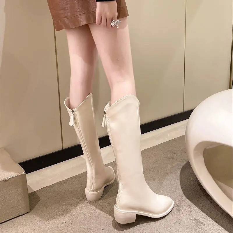 Long Knee Toe Pointed Winter High Shaft Middle Heel Leather Ladies Boots Shoes for Women Footwear Fashion Gyaru Quality