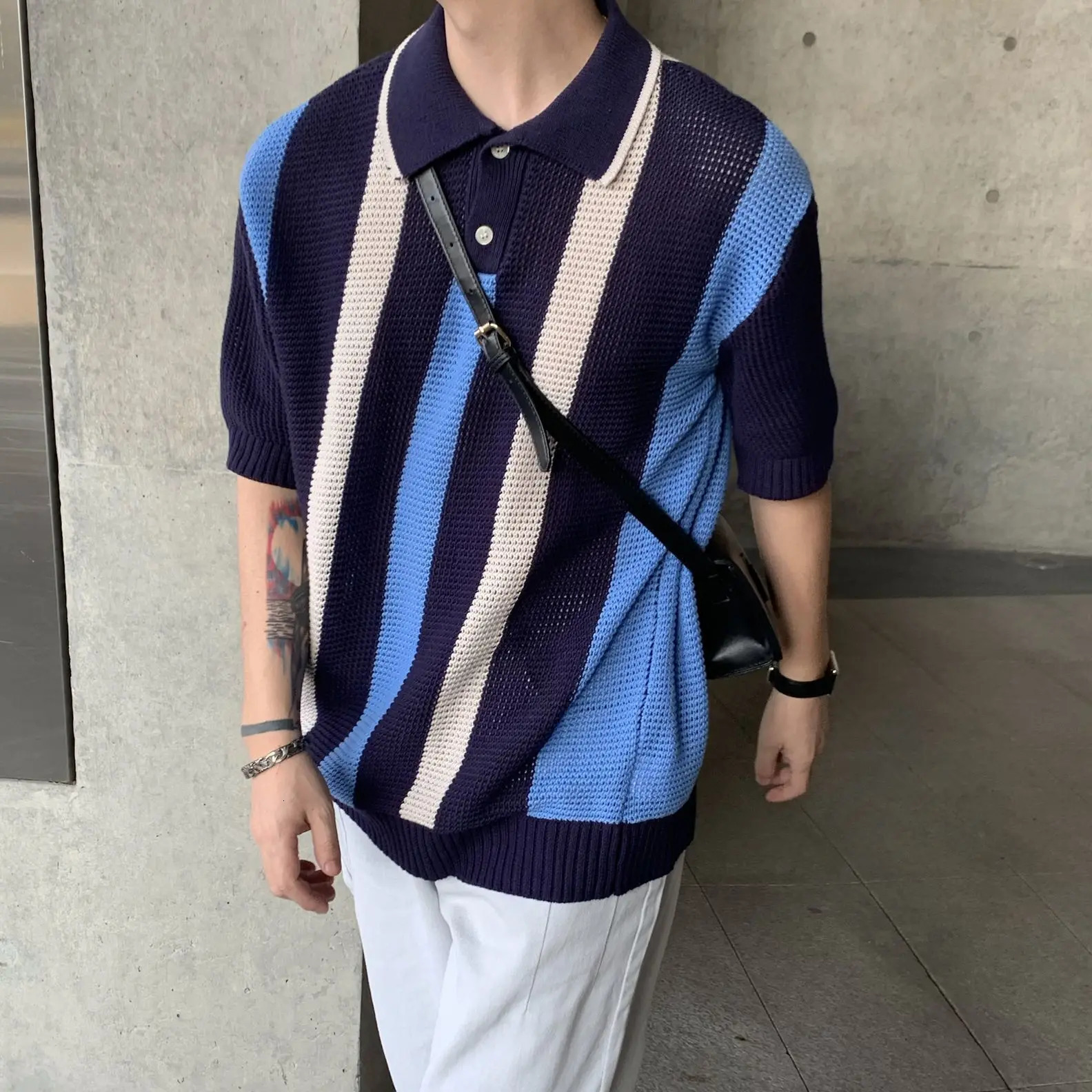 Spring Summer Breathable Hollow Vertical Stripe Color-blocked Knitted Polo Shirt Men Loose Casual High Street Personality Tops 240617