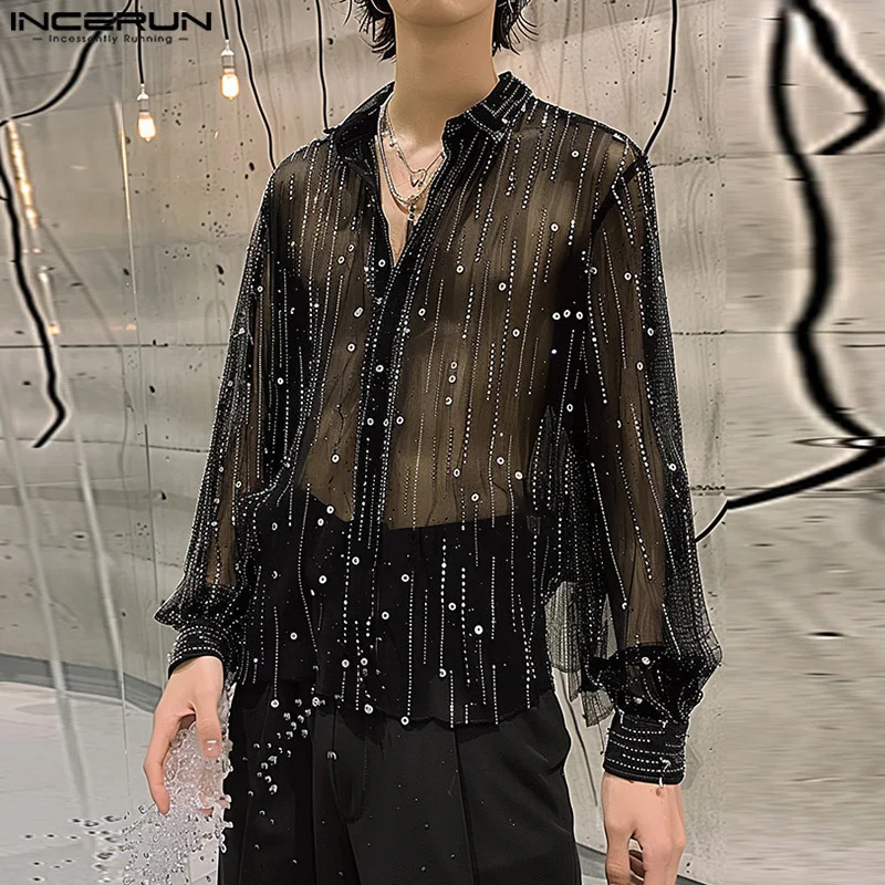INCERUN Tops Korean Style Fashion Mens Tassel Glitter Fabric Shirts Casual Party Shows Long Sleeved Blouse S-5XL 240615