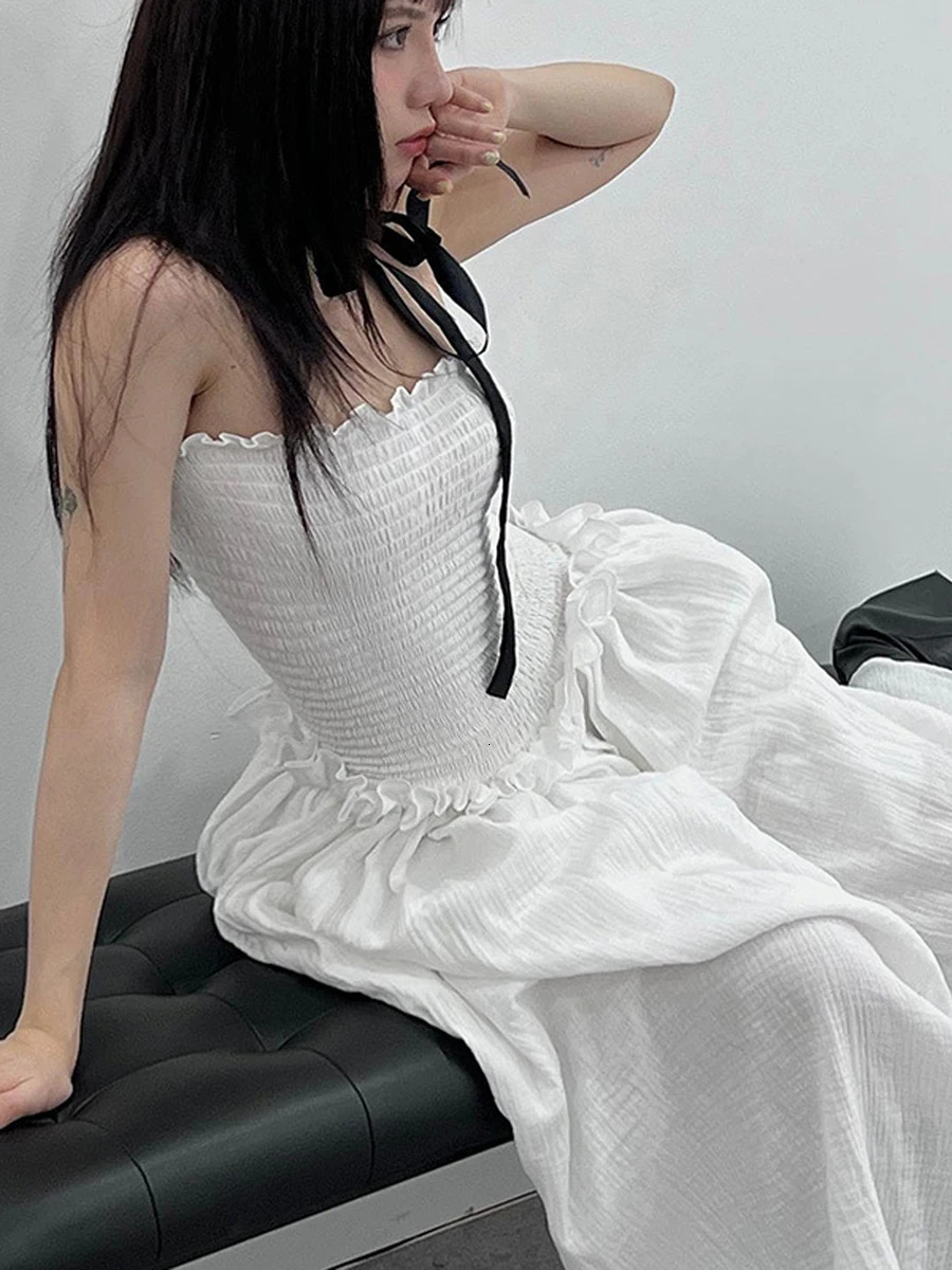 Women Summer Off Shoulder Ruched Bust Ruffle Trim Tube Top Dress Ruched Frills Strapless Sleeveless Party Long Dress 240617