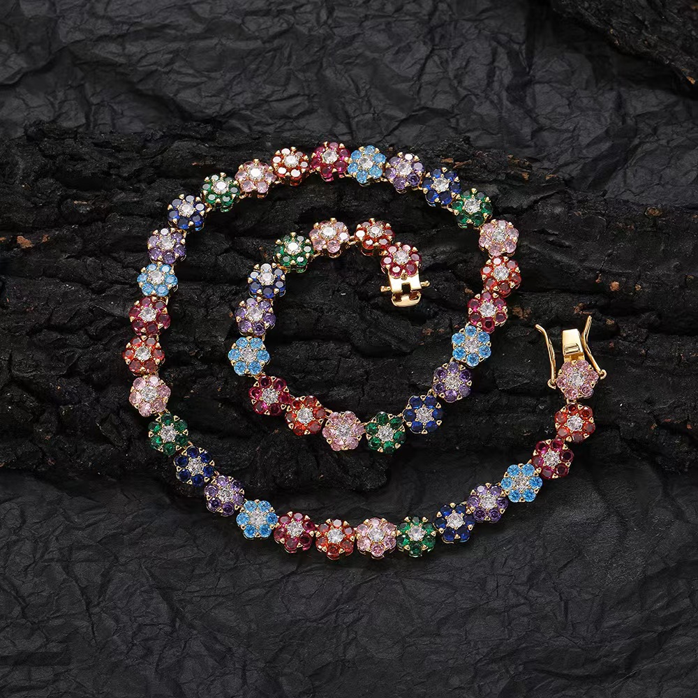 Hip-Hop tennis Sterling Sier VVS Moissanite dia cluster iced out cuban chain for men women colorful floral bracelet necklace