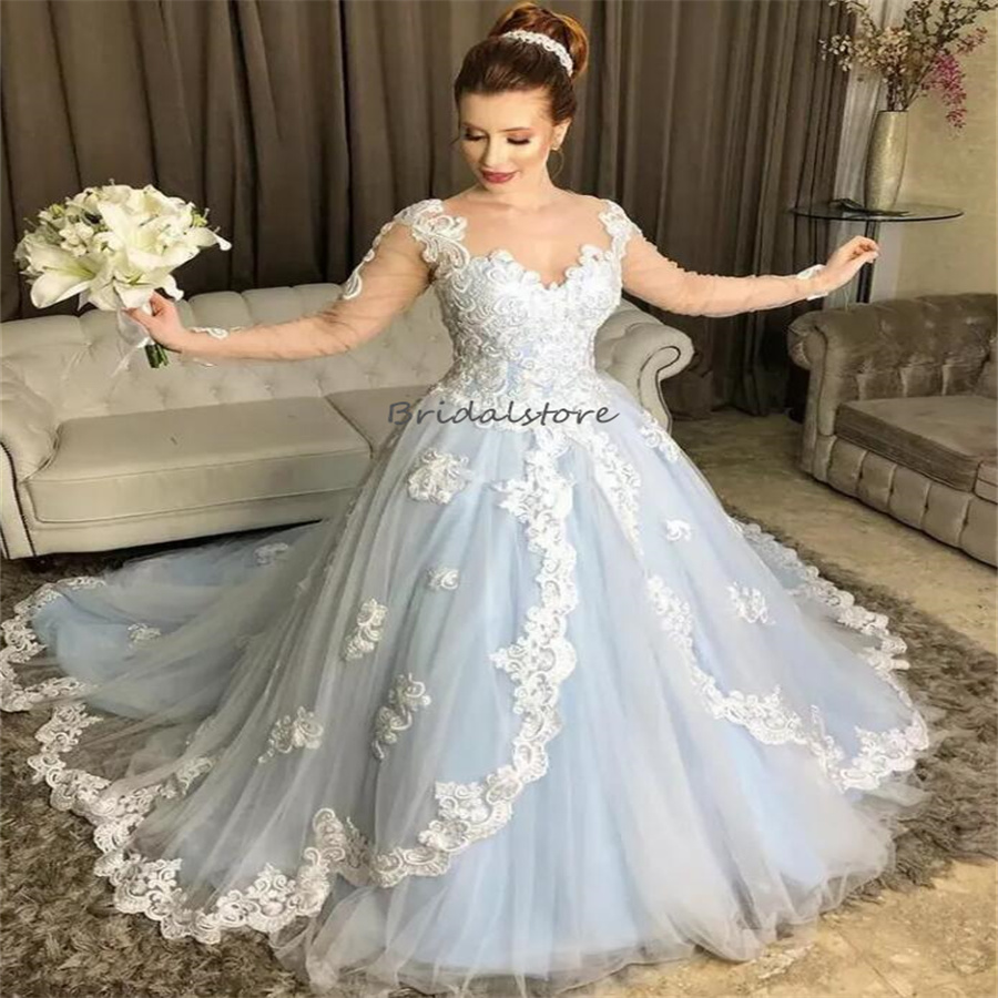 Uniques Blue Gothic Wedding Dresses 2024 Arabic A line Lace Princess Bridal Gowns Long Sleeve Court Train Garden Bride Dress Vestio De Novia Robe De M