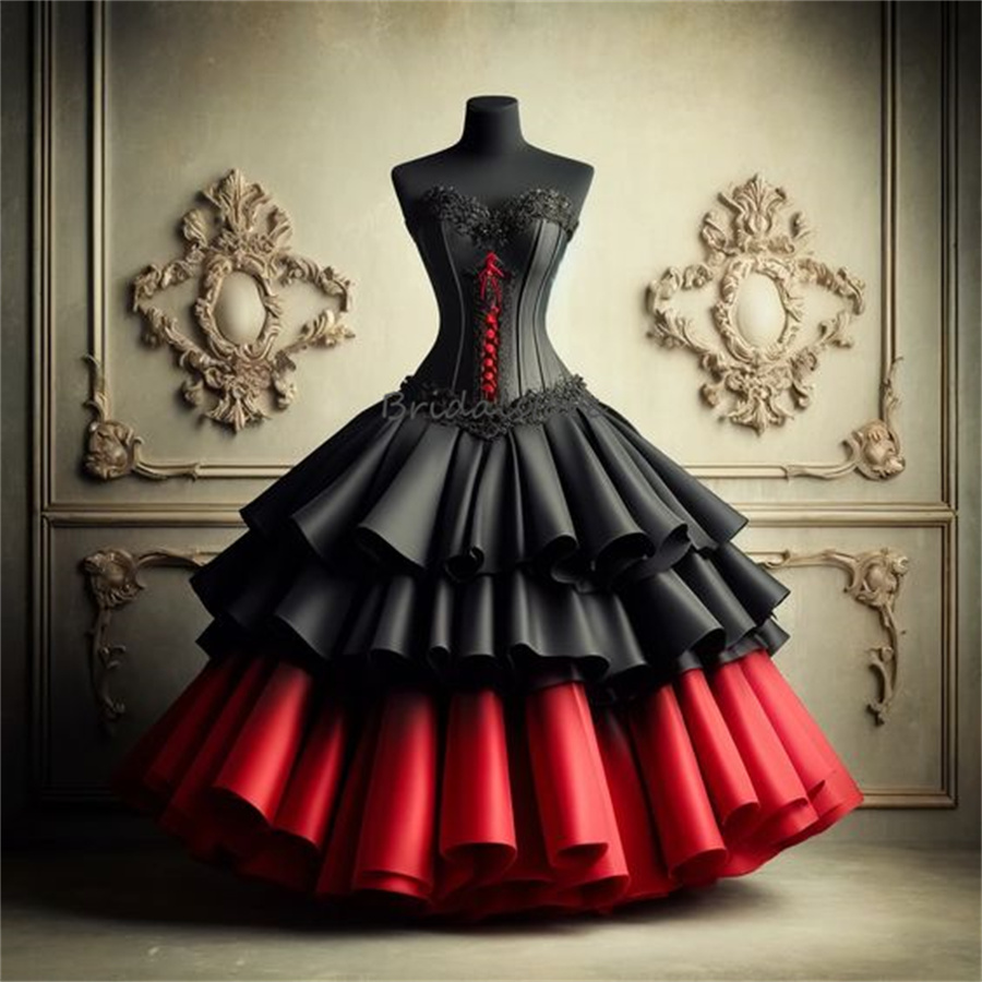 Fantasy Vampire Black With Red Wedding Dresses 2024 Victorian Tiered Ruffles Medieval Wedding Gowns Vintage Gothic Corset Bride Dress vestido de casam