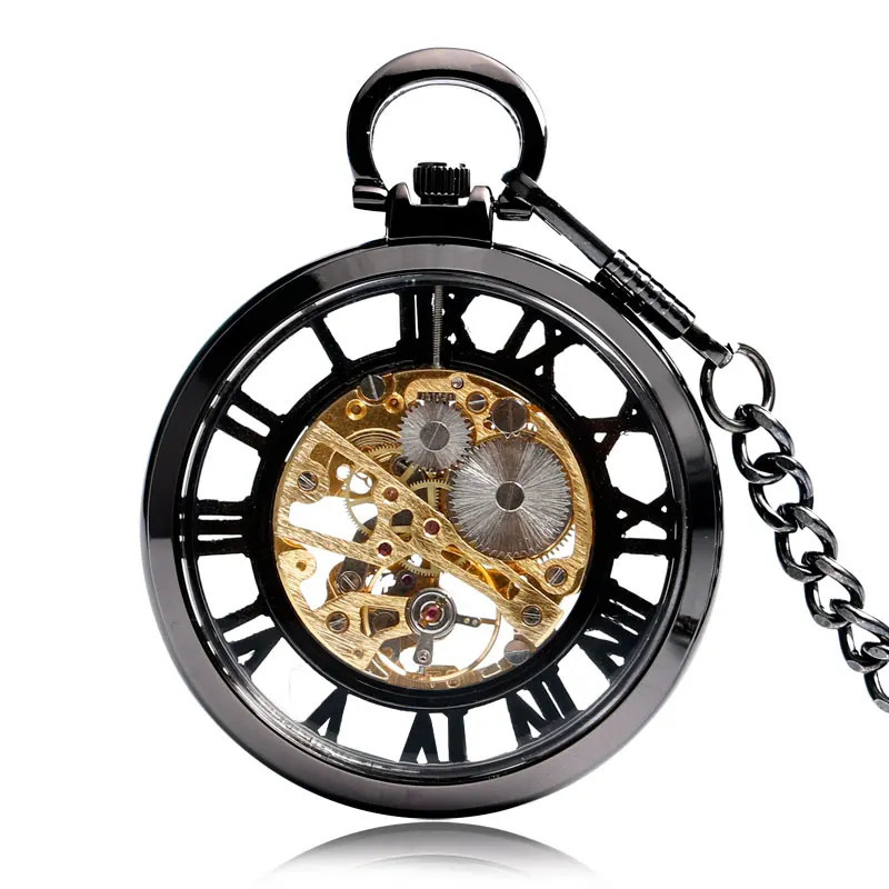 Classic Trendy Hand-winding Pocket Watch Steampunk Pendant Black Case Mechanical Clock Men Women Fob Chain Birthday Xmas Gift 240617