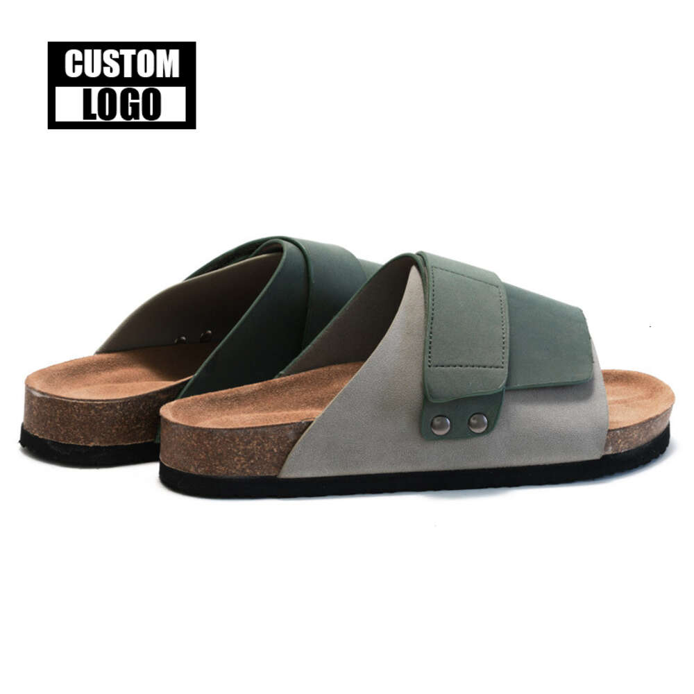 High Quality Custom Beach Open Toe Strap Men's Summer Cork Leather Sole Slippers Arch Support Flat Sandals
