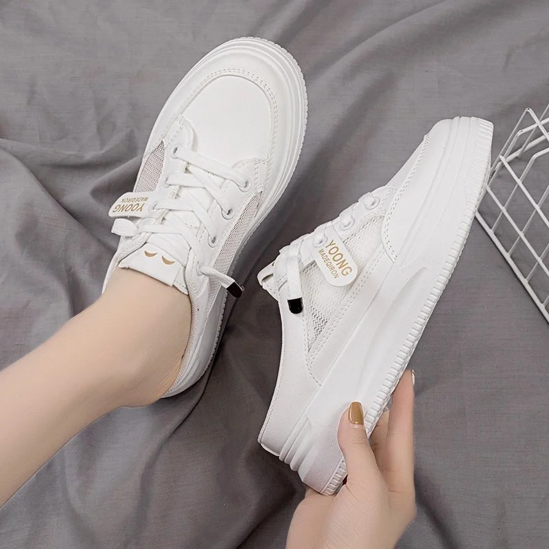 Women Shoes Canvas Tenis Casual Half Slippers Flats Female White Mules Backless Sneakers Mesh Breathable Fashion Loafers 240618