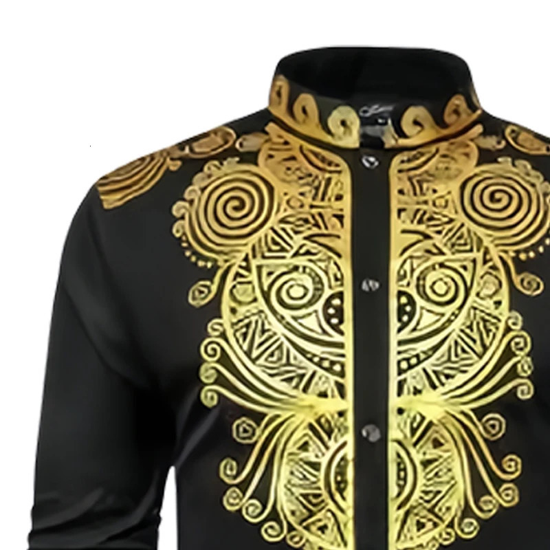 2PCS Ethnic Style Mens Casual Suit Gilded Printed Top Shirt Long Sleeved Solid Color Pants Fashion Casual African Clothing 240617