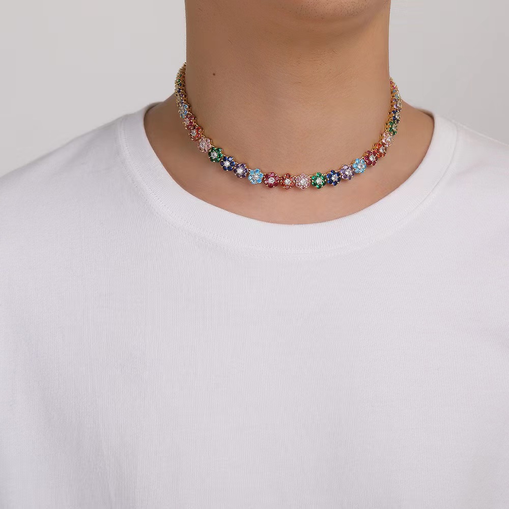 Hip-Hop tennis Sterling Sier VVS Moissanite dia cluster iced out cuban chain for men women colorful floral bracelet necklace