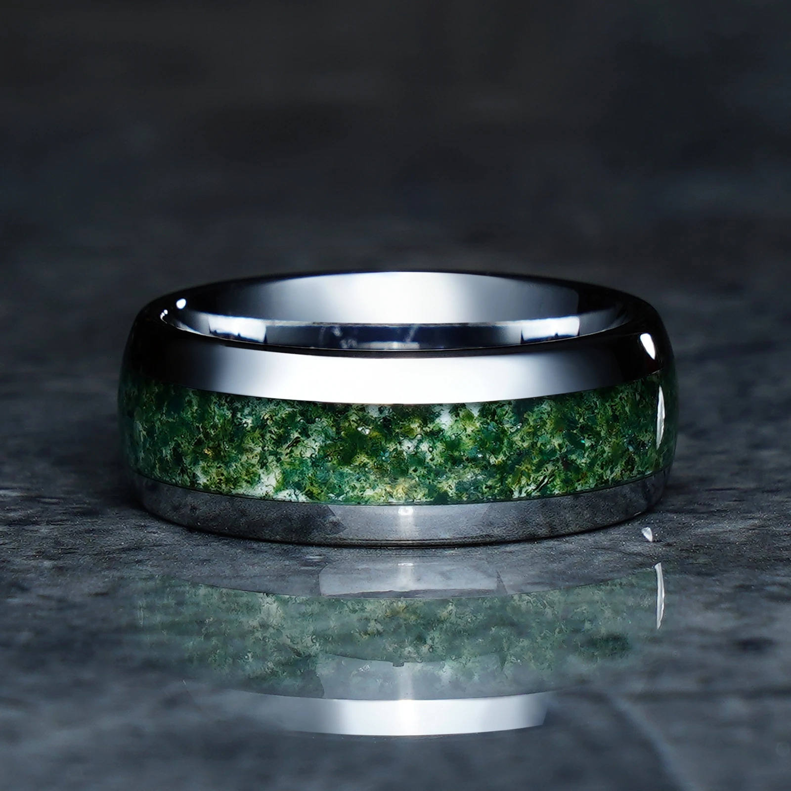 8mm Moss Agate Silver Tungsten Carbide Rings For Men Unique Wedding Engagement Band Birthday Anniversary Gift For Him And Her 240618
