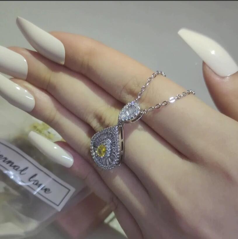 Water Drop Pendant Necklace: Sterg Sier, Yellow Topaz CZ, Eternity Women Jewelry