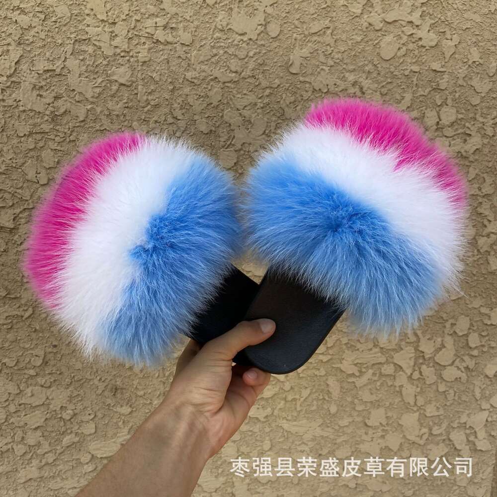 Fashion Women Faux Fur Slide Vegan Slippers, Open Toe Fluffy House Indoor Slides Winter Women's Slipper