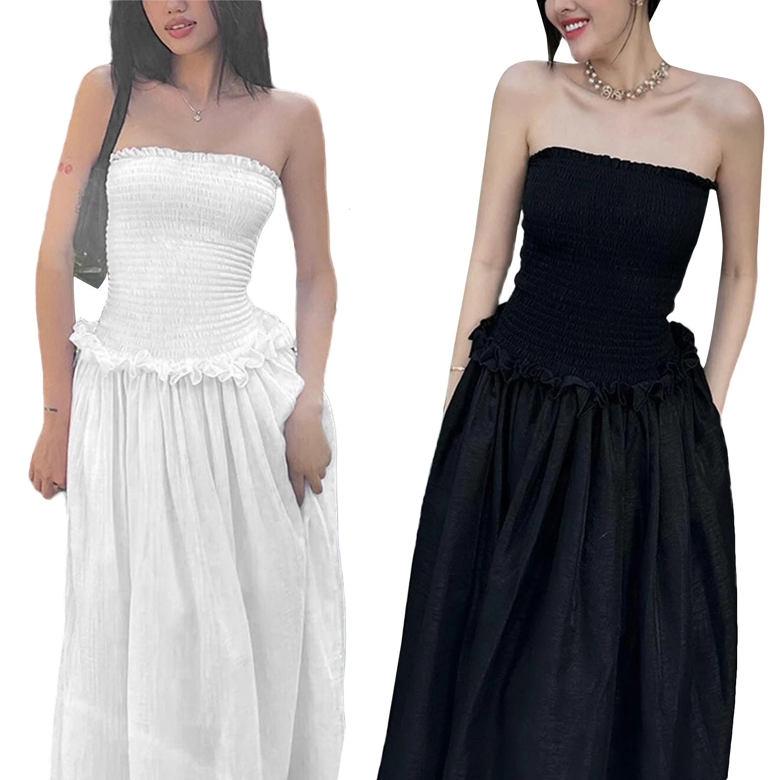 Women Summer Off Shoulder Ruched Bust Ruffle Trim Tube Top Dress Ruched Frills Strapless Sleeveless Party Long Dress 240617