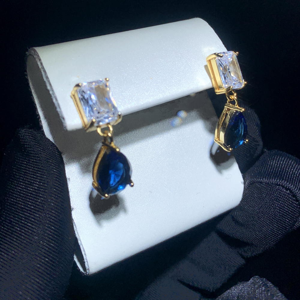 New 925 Sterling Silver Water Drop Cubic Zirconia Earrings Big blue white CZ Bridal Crystal Wedding Brides Fashion Jewelry
