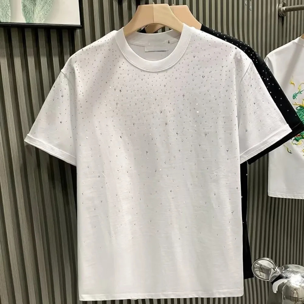 Summer Mens Rhinestone Rivet T-shirt Cotton Round Neck Casual T shirts Fashion High Street 2024 Men Short Sleeves 240618