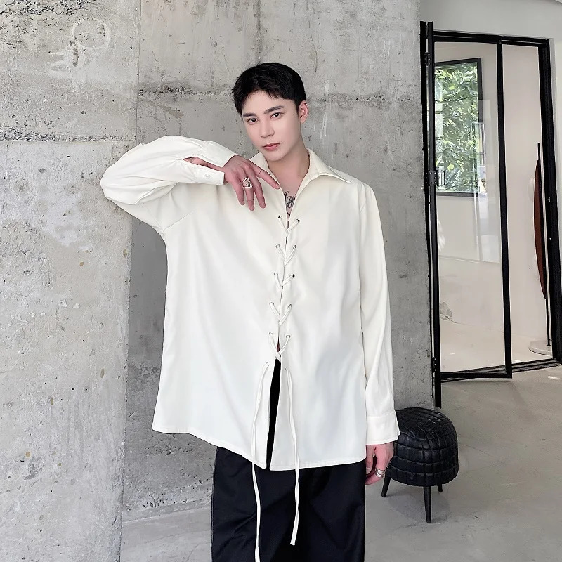 Men Strap Vintage Fashion Loose Casual Long Sleeve Shirts Male Japan Korean Net Celebrity Streetwear Shorts Blouses 240615