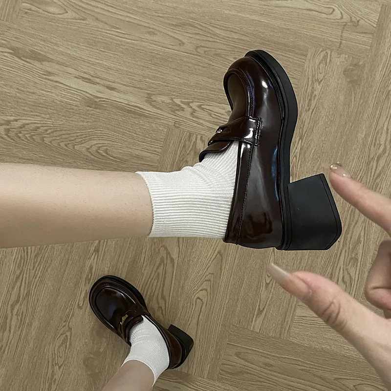 Black Autumn Womens Loafers Spring Brown Chunky High-heeled British Pu Leather Dress Party Wedding Shoes Woman Pumps 240