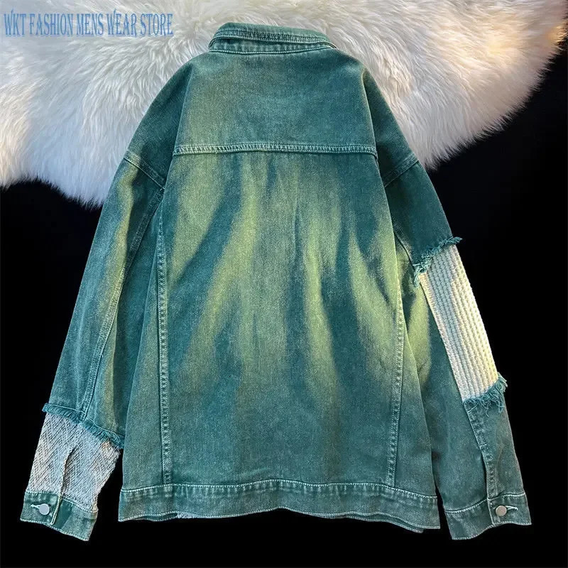 Hole splicing denim jacket Mens and womens clothing Spring and Autumn High Street fashion trend Retro Loose Coat leisure tops 240617