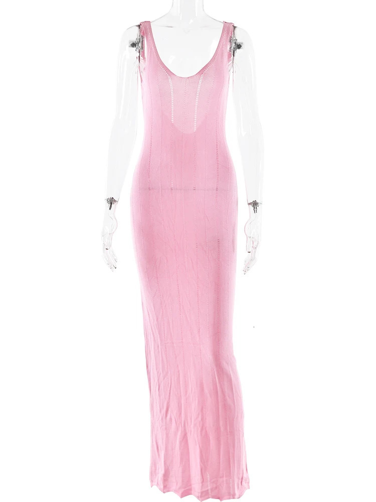 Fantoye Knit Sexy Backless See Through Women Maxi Dress Pink Sleeveless High Waist Dress Summer Vacation Elegant Beachwear 2024 240617