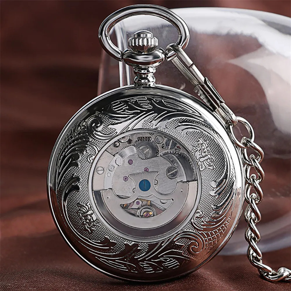 Polishing Smooth Silver/Black/Bronze Self Winding Mechanical Pocket Watch Hollow Circle Cover Retro Automatic Pendant Timepiece 240617
