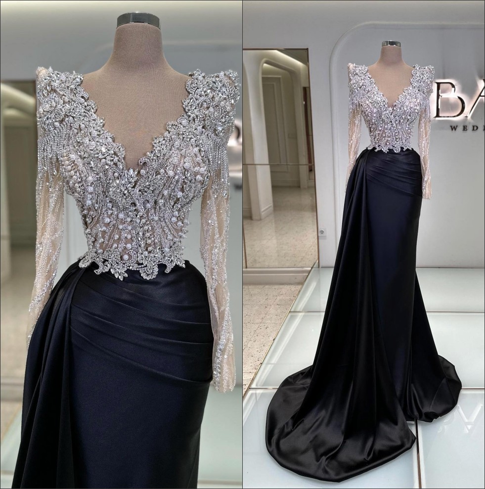 Stunning Black Mermaid Evening Dresses Sheer V Neck Stones Beading Long Sleeves Prom Dress Ruffles Custom Made Formal Dresses For Women Bc19023