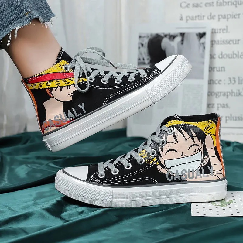 Designer Shoes In Black And White High Top 2024 Fashion Cartoon Character Print Canvas Mens Shoes
