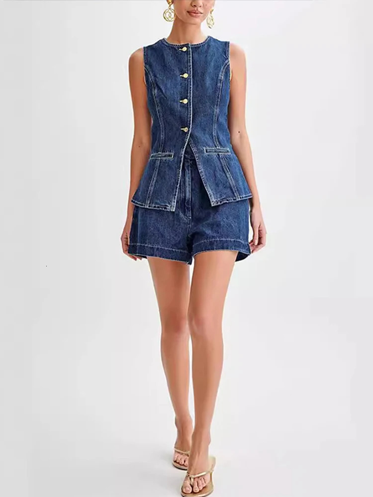 Denim 2 Pieces Sets Women Fashion Slim O-neck Sleeveless Single Breasted Vest Wide Leg Shorts Summer Y2K Lady Outfit 240614